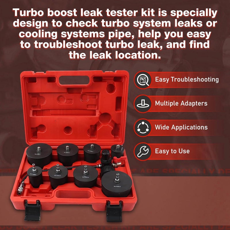 Angchun Boost Leak Tester - Turbo Boost Leak Tester Kit 9PCS Turbo System Leakage Tester with 4 Pairs of Stepped Adapters 1-3/8"- 3-1/2", Leak Down Tester with Pressure Gauge for Cooling System - Image 2